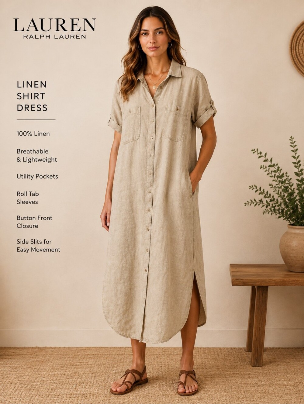 Lauren Ralph Lauren Linen Shirt Dress Beige Button Front Utility Pockets Size 8